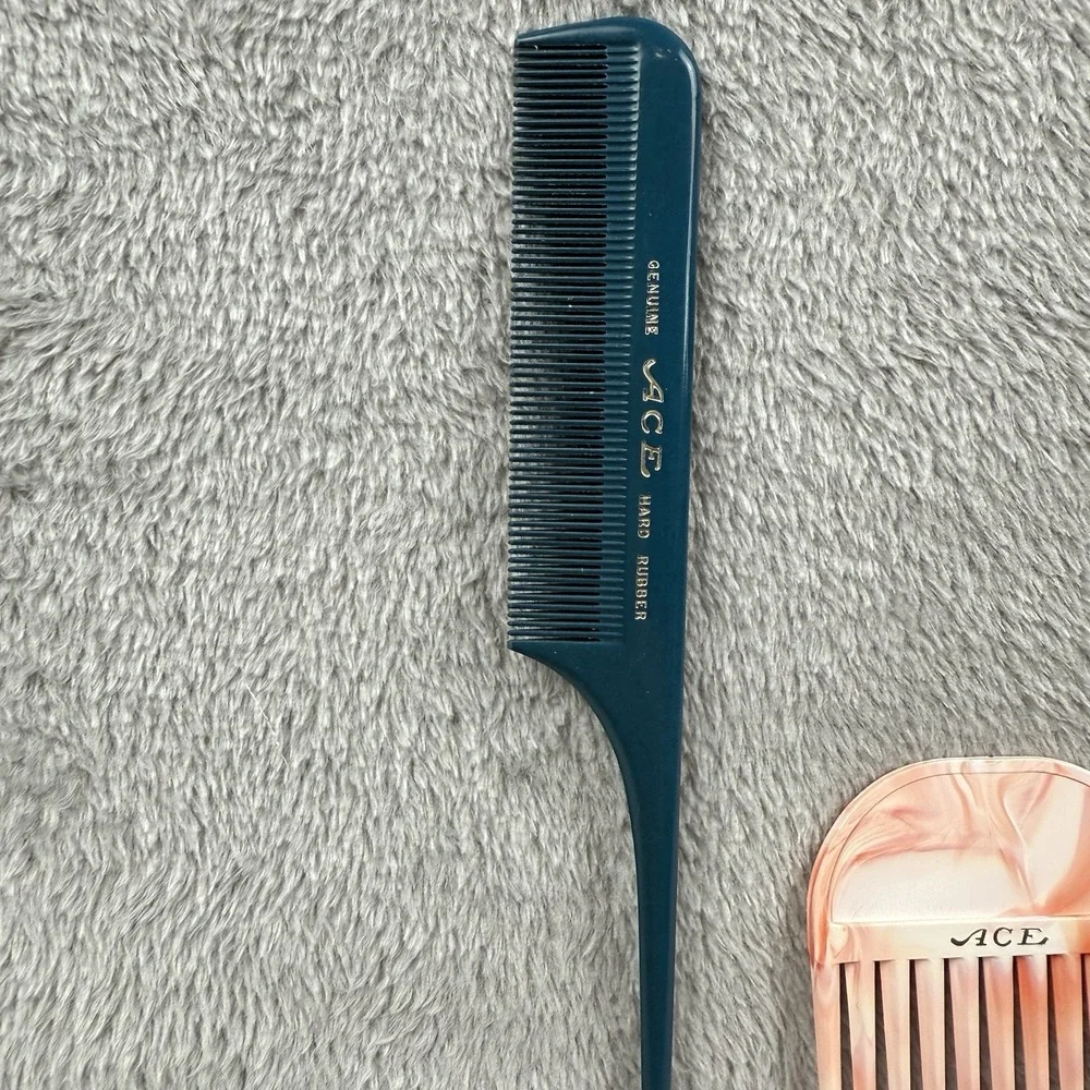 Vintage ACE Comb and Pick Set Retro Pink Marbled Lift Tail Comb MCM 60s 70s